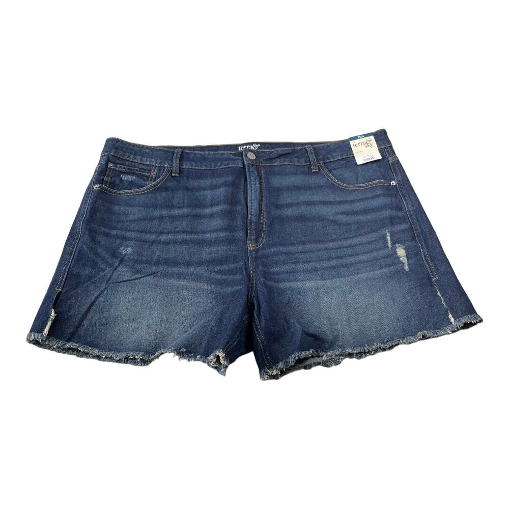 Terra & Sky Size 22W High Rise Dark Wash Frayed Hem Side Slit Denim Jean Shorts